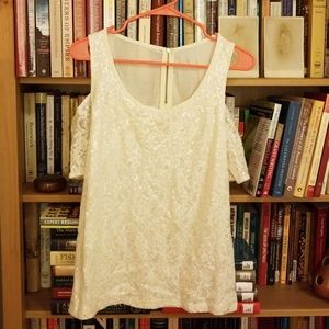 New York & Co. White Sequined Cold-Shoulder Top